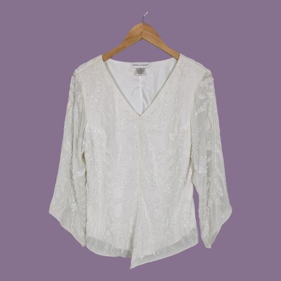 Chiffon Beaded Top S White Cream Boho Fairy Floral Whimsigoth Evening Retro - Picture 1 of 14